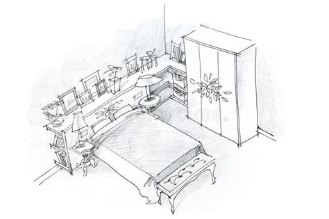 Freehand Pencil Drawing Of Bedroom Interior Black And White Vector