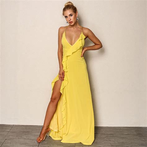 Yellow V Neck Ruffles Maxi Dress Long Split Prom Party Gowns In 2020 With Images Yellow Maxi