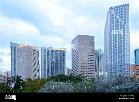 City Skyline At Dusk Of Downtown Miami Florida United States Stock