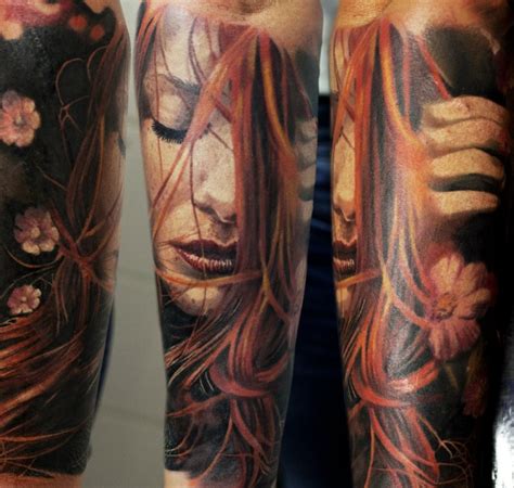 Beautiful Looking Colored Forearm Tattoo Of Sweet Woman With Flowers