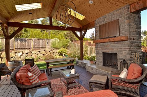 Outdoor Living Fireplace Under Covered Patio In Pacific Northwest