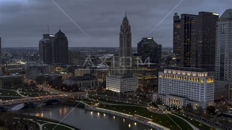 A View Of Leveque Tower Across The River At Twilight Downtown Columbus