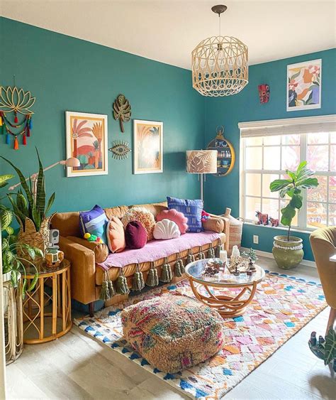 Teal Living Rooms Living Room Wall Bohemian Style Interior Bohemian