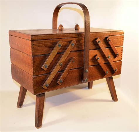 Vintage Wooden Sewing Box Craft Knitting Organizer Accordion Fold Out