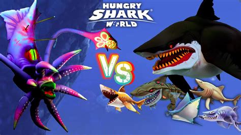 Hungry Shark World All Sharks And Skins Vs Giant Squid Boss Hungry
