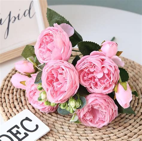 2021 artificial rose peony silk flowers diy branch 5 heads peonies fake