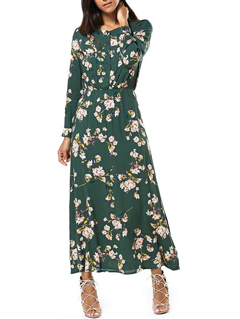 Green M Long Sleeve Buttoned Floral Print Women S Maxi Dress