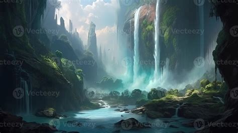Waterfall Fantasy Backdrop Concept Art Realistic Illustration