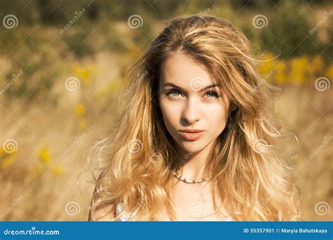 Portrait Of Blonde Woman On Nature Background Stock Image Image Of