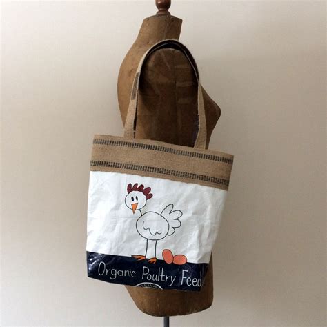 Upcycled Chicken Feed Bag Tote With Natural Jute Webbing Trim Etsy Feed Bag Tote Feed Bags