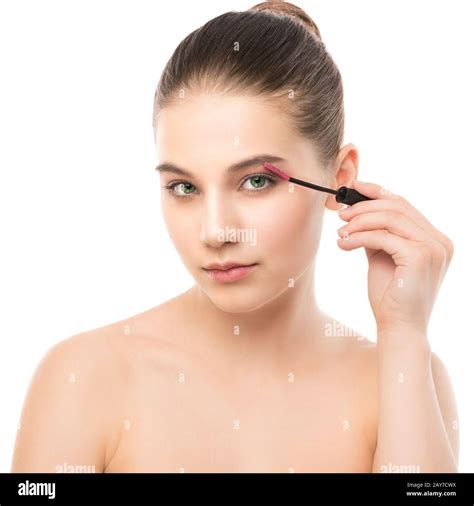Eye Make Up Apply Mascara Applying Closeup Long Lashes Makeup Brush