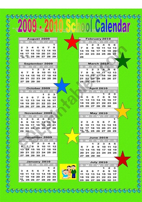 School Calendar 2009 2010 Esl Worksheet By Vickyvar