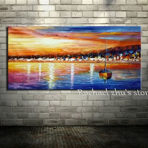Large Hand Painted Modern Abstract Sea Boats Seascape Oil Painting On