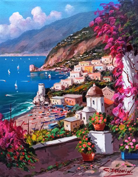 Flowered Seaside Vertical Version Positano Painting By Gio Sannino