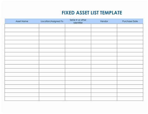 Excel Fixed Asset List Template