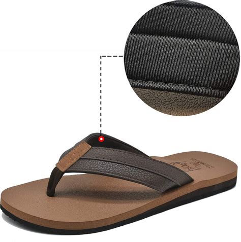 Kuailu Flip Flops Mens Leather Arch Support Flat Summer Holiday Beach Sandals Non Slip Cushioned