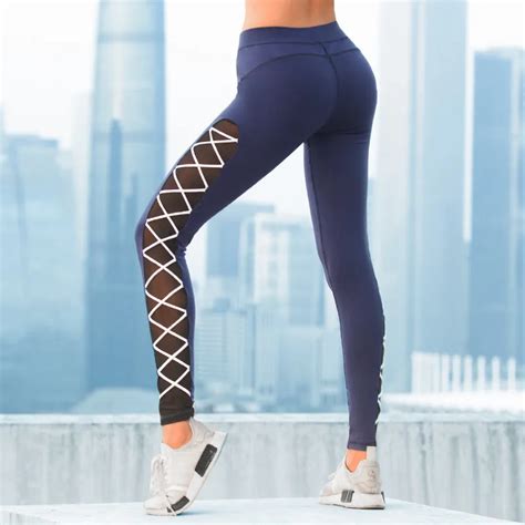 women sexy side strappy mesh yoga pants elastic ankle length running fitness gym leggings tights