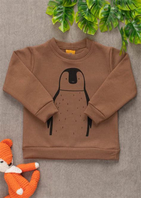 Blusa Infantil Moletom Estampa Pinguim Marrom Ropek Moda Bebê