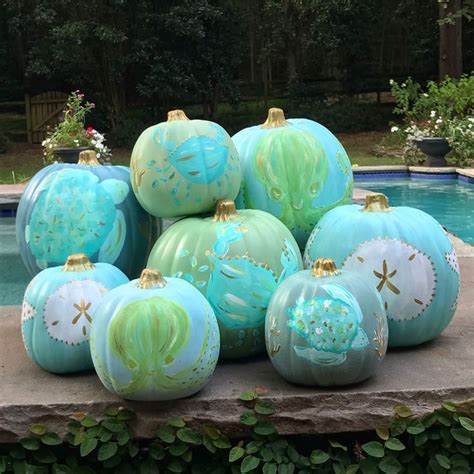 Turquoise Coastal Pumpkins In 2023 Hand Painted Pumpkin Diy Pumpkins