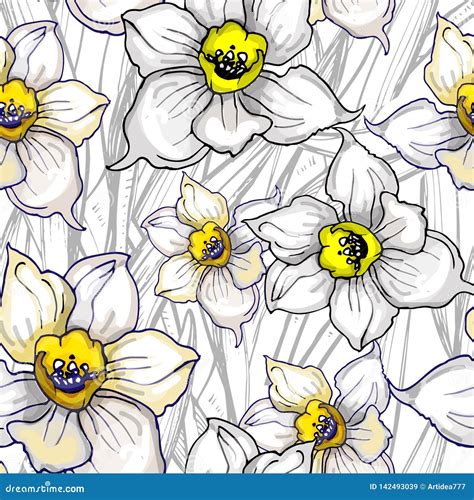 Monochrome Floral Seamless Pattern With Hand Drawn Flowers Stock Vector