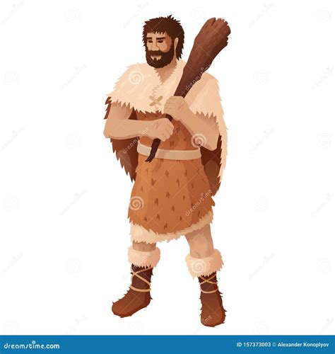 Caveman Holding Wooden Club Flat Vector Illustration Stock Vector