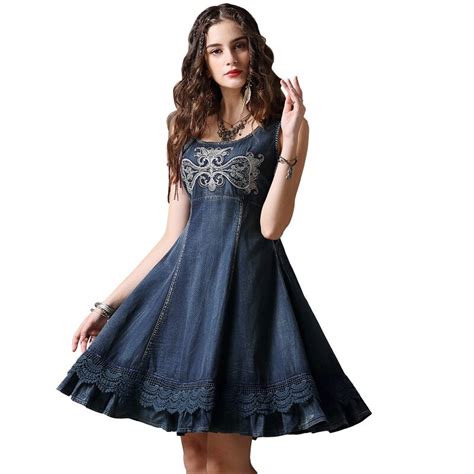 Summer Denim Dress 2018 Women Boho Sleeveless A Line Lace Ruffles