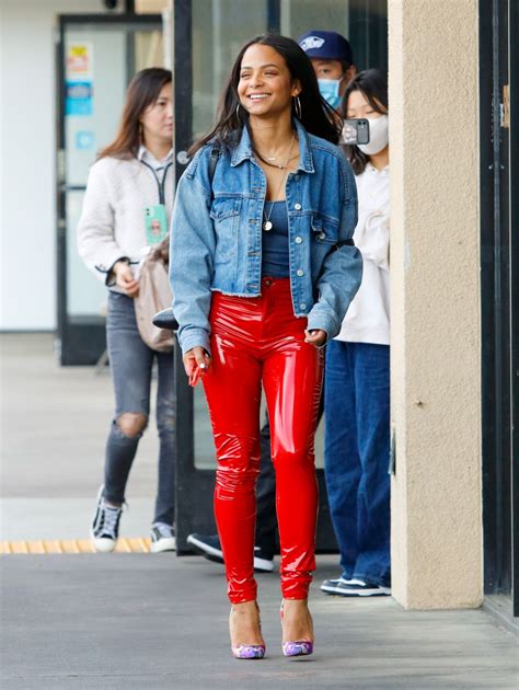 Christina Milian’s La Street Style In Red Latex Pants Patterned Pumps