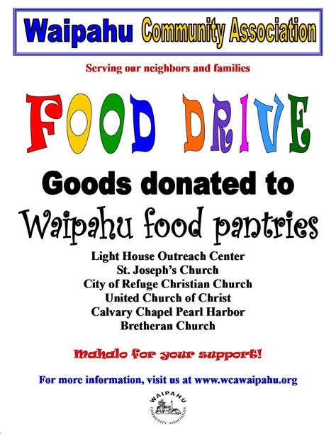 Food will be accepted during business hours, monday through friday. 2015 Food Drive | Waipahu Community Association