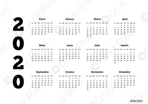 Calendario Simple Del Año 2020 En Español Aislado Vector De Stock