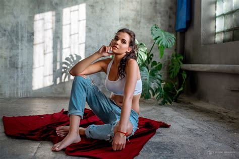 Wallpaper Women Brunette Torn Jeans Sports Bra Sitting On The Floor Barefoot Long Hair
