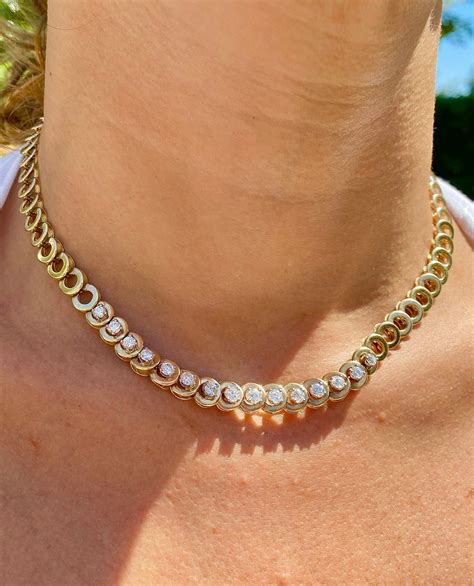14k Solid Gold Choker 16 Inch Necklace Natural Diamond 14k Etsy