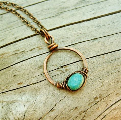 Turquoise Wire Wrapped Necklace Of Antiqued Copper