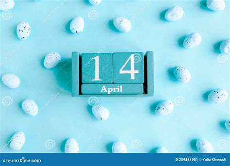 April 14 Blue Cube Calendar With Month And Date On Blue Background Stock Image Image Of
