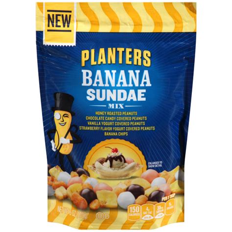 A dessert which is lower than fat than the chocolate nut sundae. PLANTERS Banana Sundae Mix 6 oz Bag | Planters