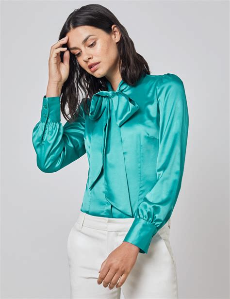 plain satin women s fitted blouse with single cuff and pussy bow in jade hawes and curtis