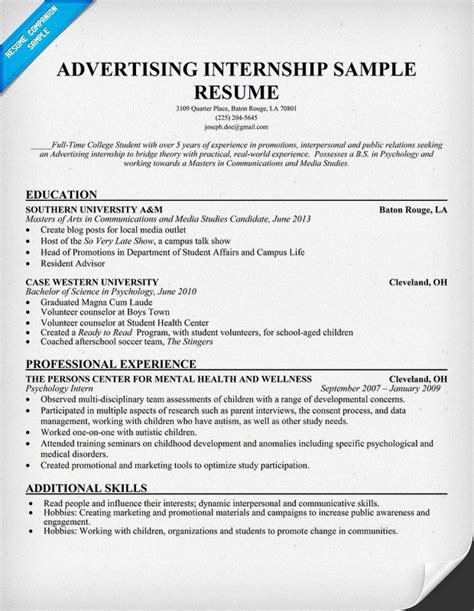 Sample Resume For College Student Seeking Internship Coverletterpedia