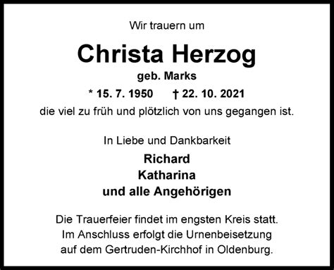 Traueranzeigen Von Christa Herzog Nordwest Trauerde
