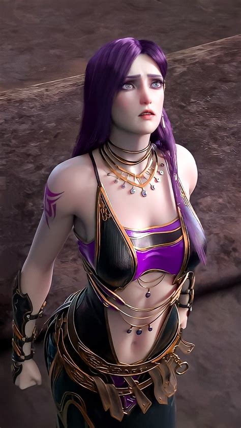a woman with purple hair wearing a bra top and chain around her waist standing in front of a