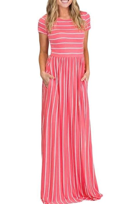 White Rosy Stripe Short Sleeve Maxi Dress Maxi Dress With Sleeves