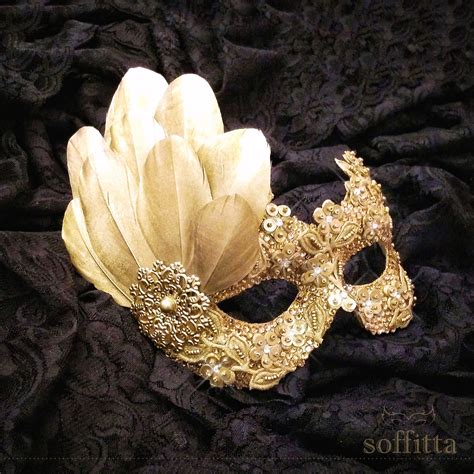 Sequined Gold Masquerade Mask With Rhinestones And Feathers Venetian