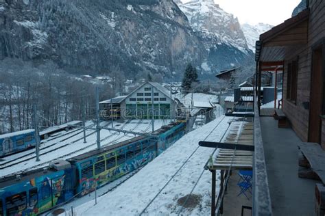 Bahnhof Lauterbrunnen Schweiz Im Winter Redaktionelles Stockfoto Bild