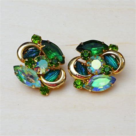 Gorgeous Vintage Kramer Clip Earrings Green Rhinestone Aurora Etsy