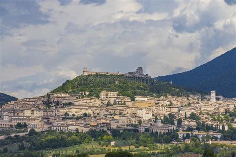 panoramic view of assisi old town province of perugia umbria region italy editorial image