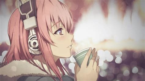 Headphones Face 1080p Anime Girls Nitroplus Blurred Anime Pink