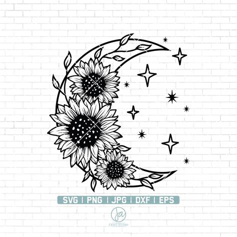 Sunflower Moon Svg File Floral Moon Svg Wildflower Svg Etsy