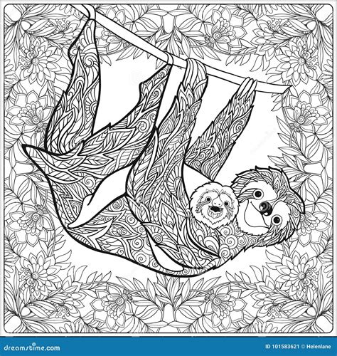 Coloring Page With Lovely Sloth In Forest Stock Illustration