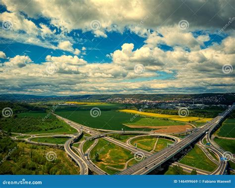Aerial View Of Crossroads Under Clouds Near Zbraslav Summer Stock Image