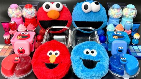 [asmr] Elmo Vs Cookie Monster Mixing Makeup Eyeshadow Into Clear Slime 엘모 슬라임 92 Satisfying