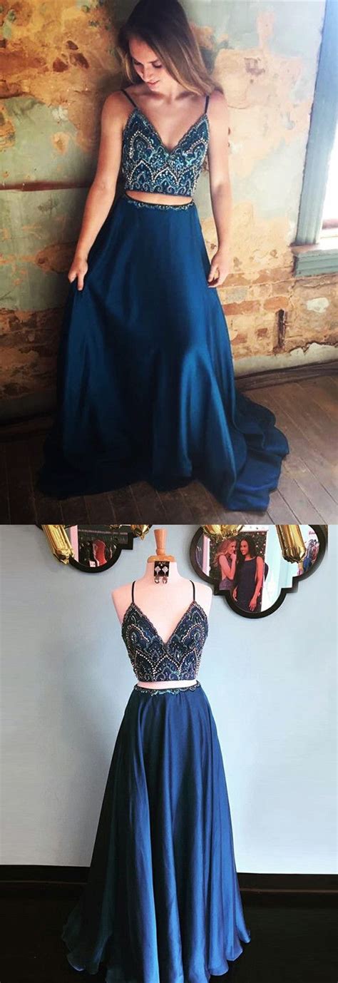 Sparkly Two Piece Sequins Navy Blue Long Prom Dress Prom Dresses 2018