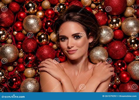 Adorable Nude Skin Lady Hugging Herself Lying Between Various Xmas Lights New Year Event